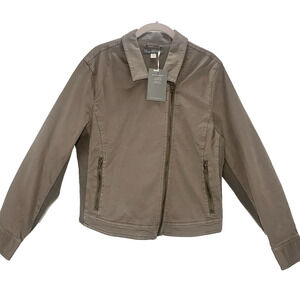 GARNET HILL Cotton Moto Jacket 10 Olive Green Asymmetric Zip Ribbed Accent NWT
